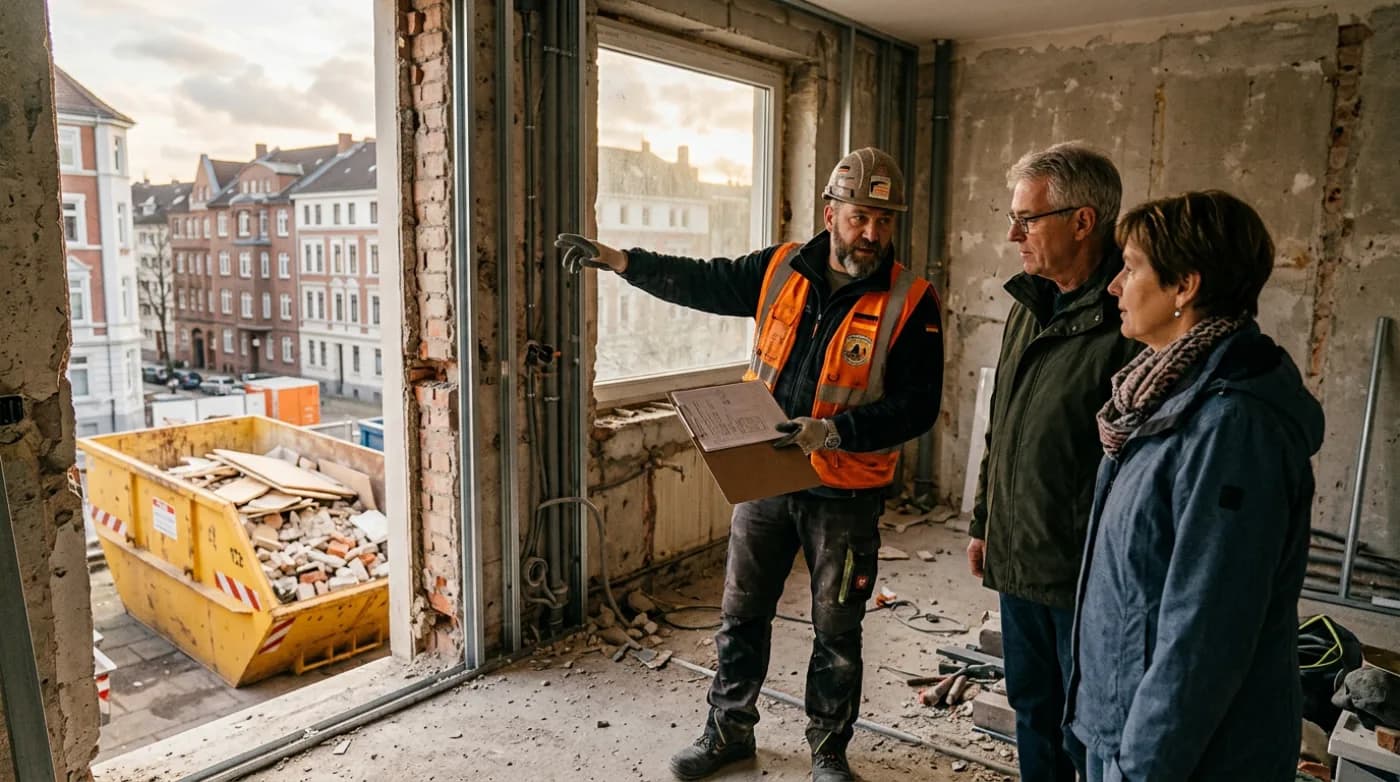 Bauleiter erklärt einem Paar das Angebot auf einer Hamburger Abbruchbaustelle