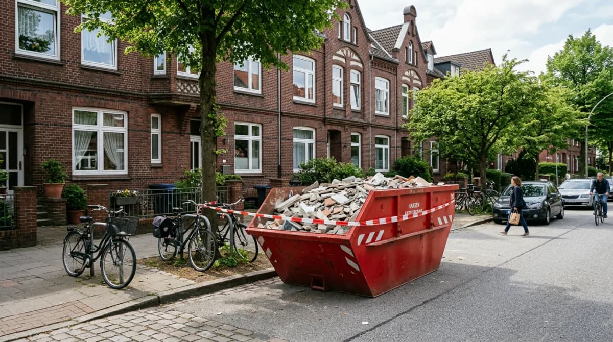 Bauschuttcontainer auf einer Hamburger Baustelle, getrennte Fraktionen Bauschutt und Mischung
