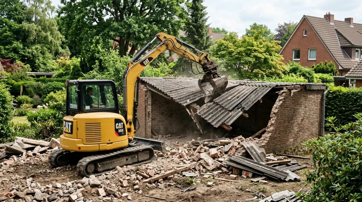 Garagenabbruch in Hamburg: Bagger reißt eine alte Einzelgarage ab, Schutt wird getrennt entsorgt