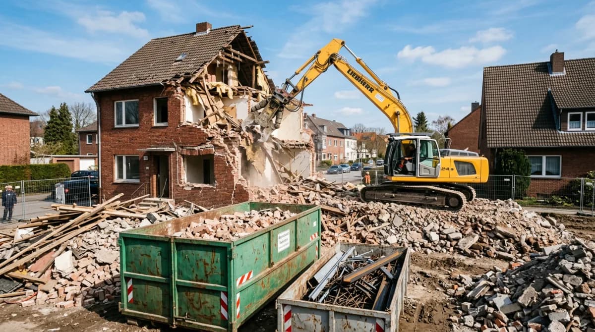Komplettabbruch eines Wohnhauses in Hamburg mit Bagger und Abbruchzange, Bauschutt wird getrennt