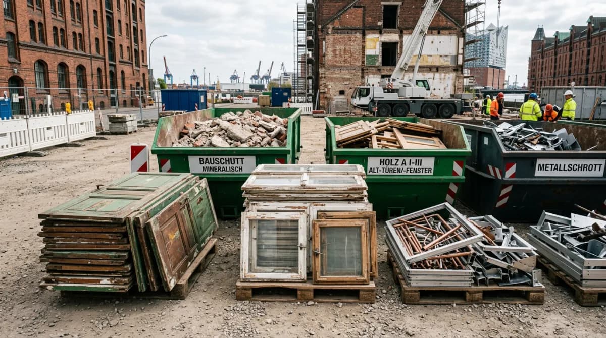 Selektiver Rückbau in Hamburg: aussortierte Türen, Fenster und Metallfraktionen auf der Baustelle