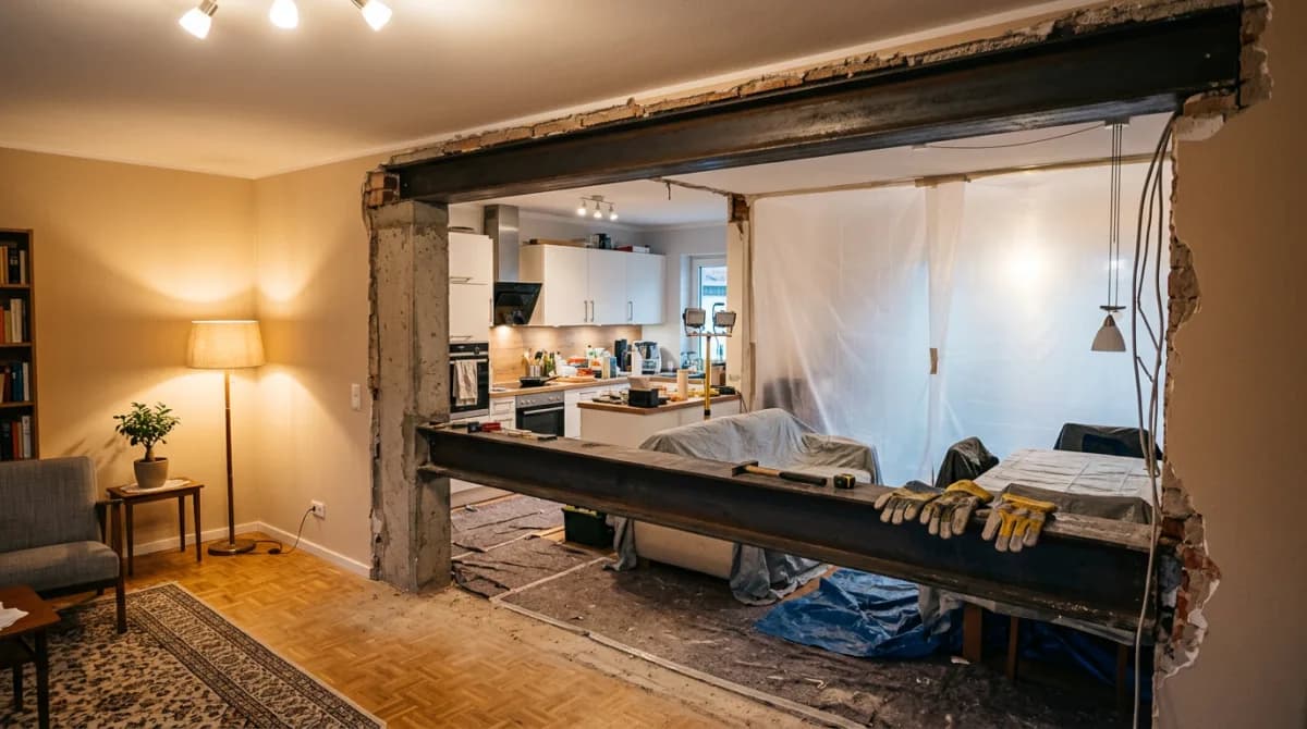 Teilabbruch in einer Hamburger Wohnung: tragende Wand wird nach Statik mit Stahlträger geöffnet
