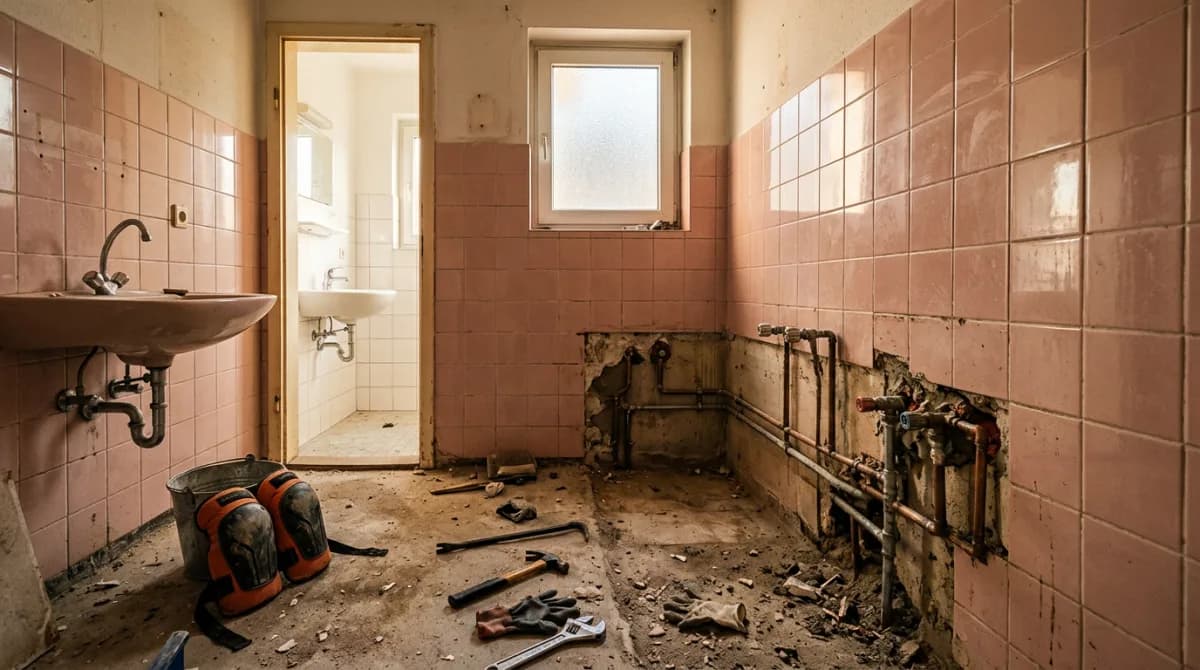 Zurückgebautes Bad mit freiliegenden Anschlüssen – Symbolbild für den Badabbruch