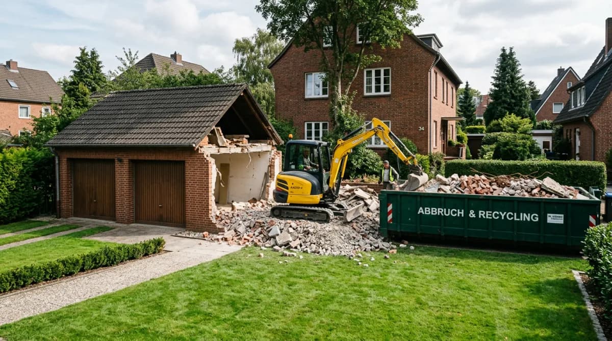 Abbruch einer Doppelgarage in Niendorf: Bagger entfernt Wände, Fundament und Container für Bauschutt