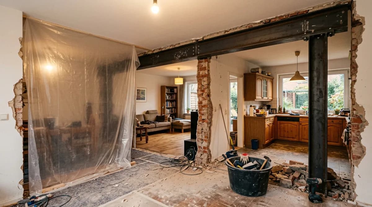 Geöffnete tragende Wand in einem Reihenhaus in Rahlstedt: Stahlträger sichtbar, Wanddurchbruch mit Staubkonzept