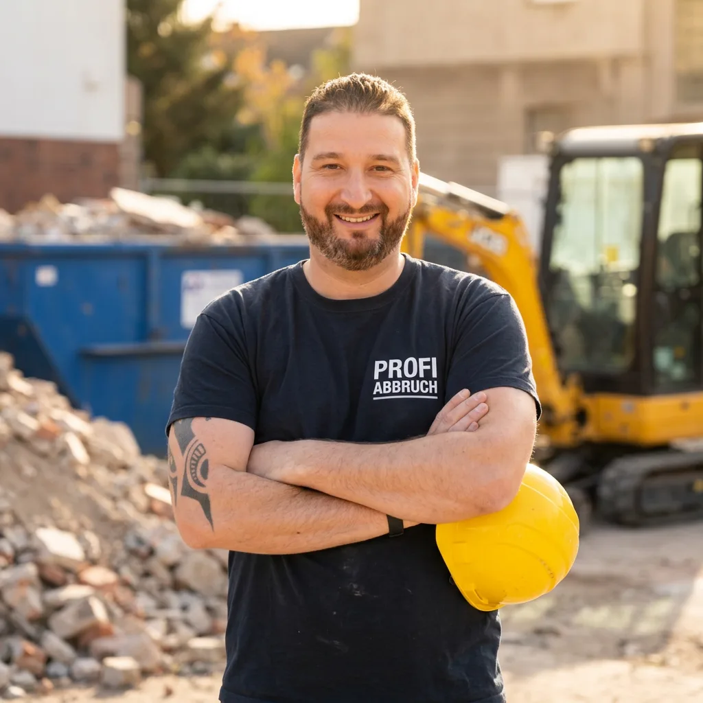 Timo Brandt, Inhaber von Profi Abbruch Hamburg, mit Schutzhelm auf der Baustelle